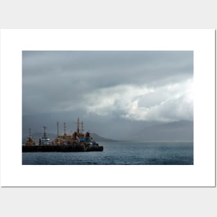 Dive support ships moored at Kyle of Lochalsh near Skye, Scotland Posters and Art